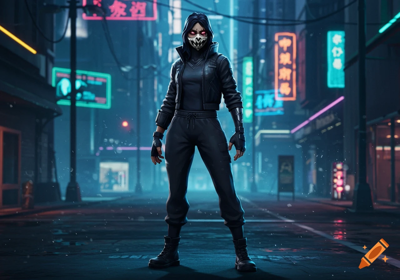 A female Fortnite-style character in a black outfit, monster mask, and glowing red eyes stands on a wet cyberpunk city street at night with neon signs.