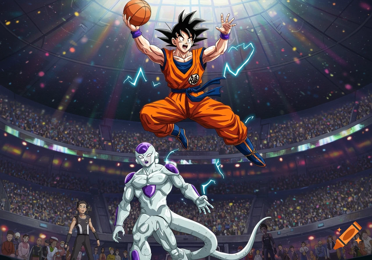 Goku in orange gi jumps high with a basketball, about to dunk over Frieza in a packed basketball arena, anime style.
