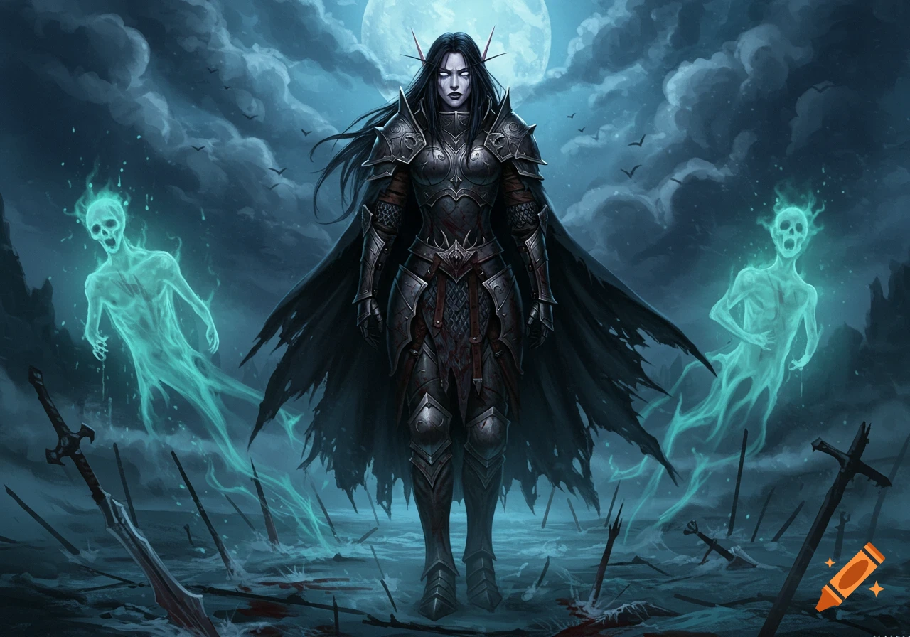Dark fantasy female elf paladin in bloodied armor standing among ghostly figures and fallen swords under a full moon.
