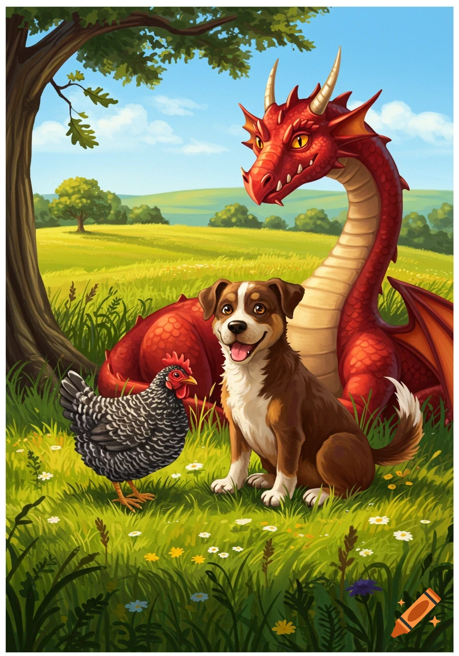 A red dragon, brown dog, and black and white chicken sit together in a sunny green field under a tree, illustrated in a cartoon style.