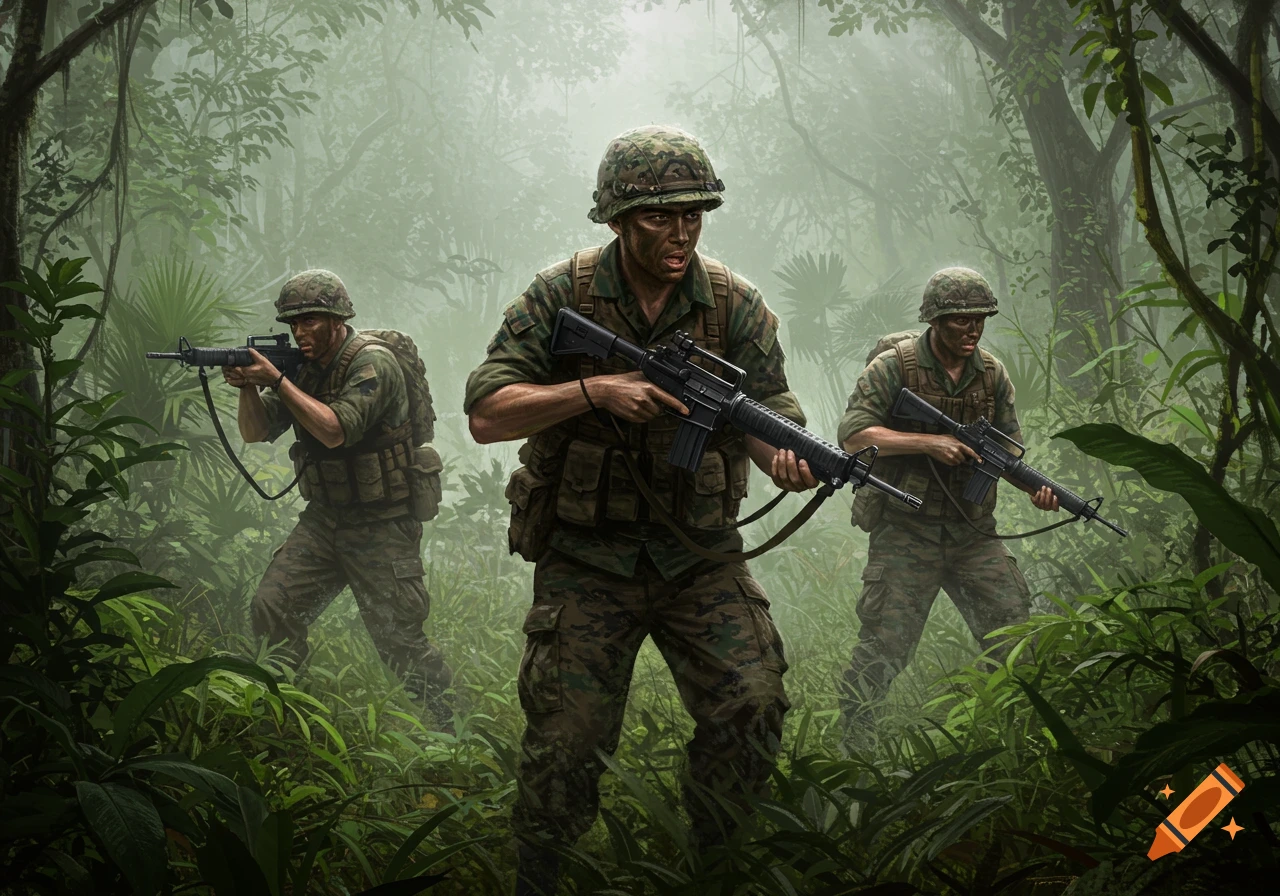 Three soldiers in military camouflage, armed with rifles, stand on patrol in a dense, misty jungle setting.