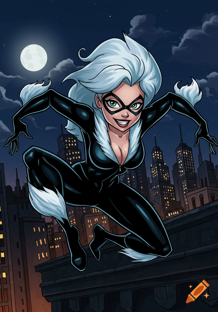 A cartoon drawing of Black Cat from Spider-Man, dressed in a black suit with white fur, crouching on a rooftop at night with a city skyline and full moon in the background.