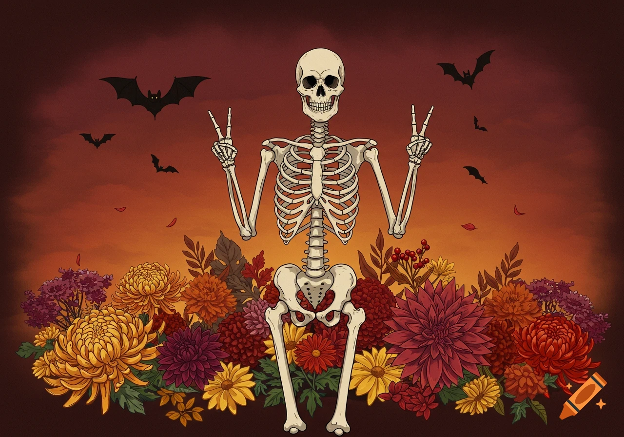 An illustrated skeleton makes peace signs, surrounded by colorful fall flowers, with bats flying in a sunset-colored sky.