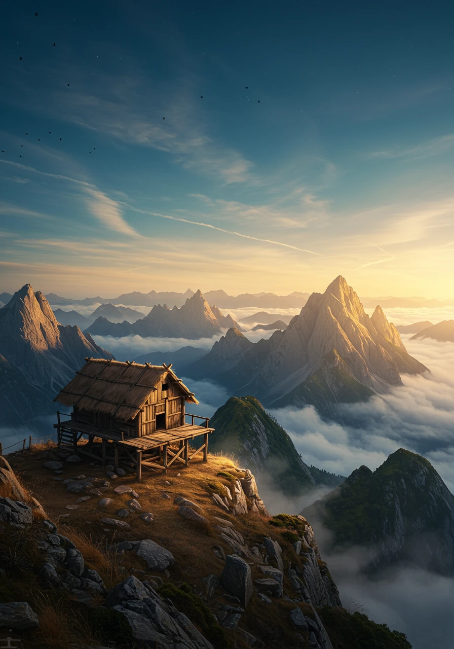 A wooden hut on a mountain peak overlooking a vast landscape of cloud-filled valleys and sunlit mountains at sunset.