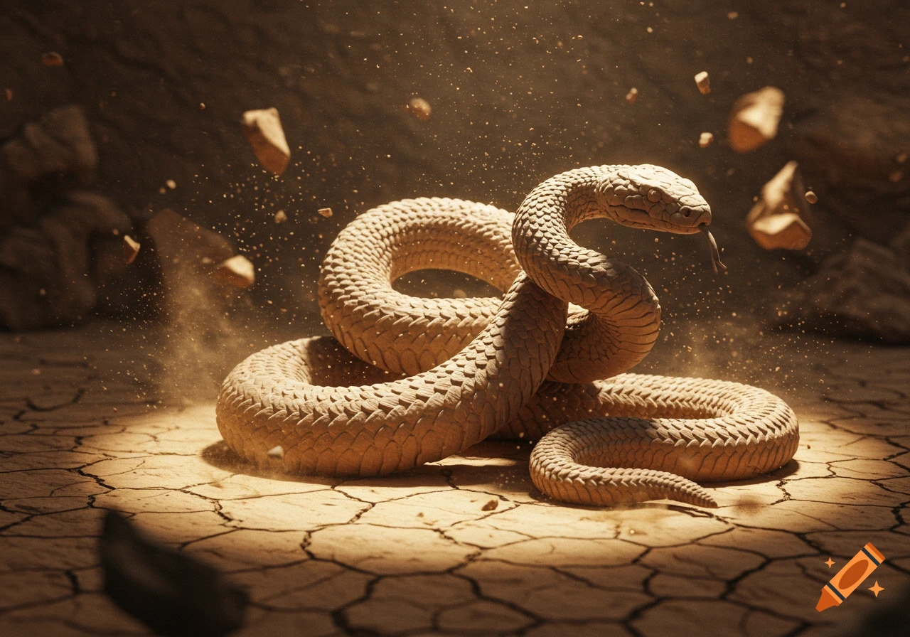 A coiled, textured clay snake on cracked desert ground with dust and floating rocks.