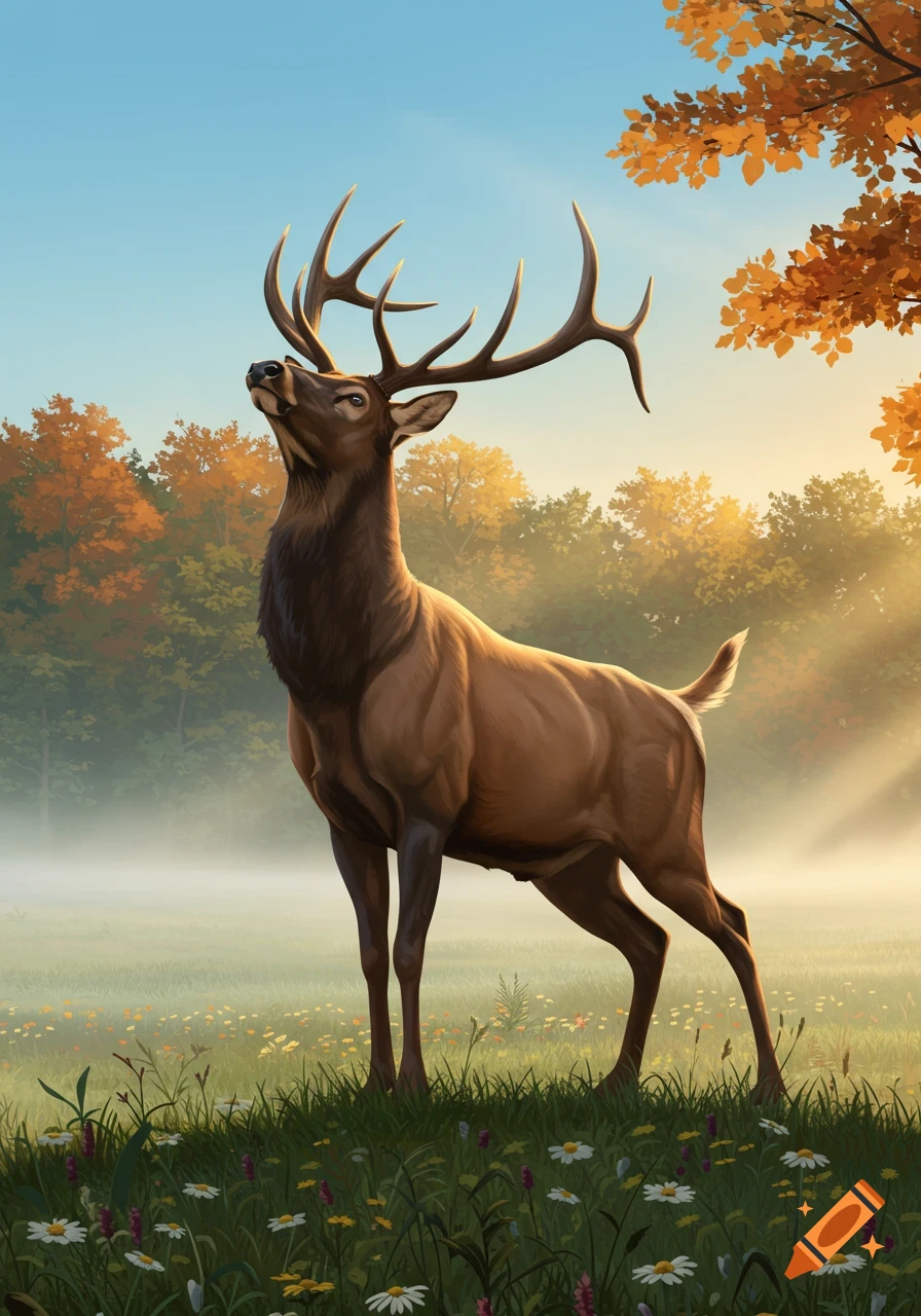 A majestic elk with large antlers stands in a misty, sunlit autumn field, looking skyward.