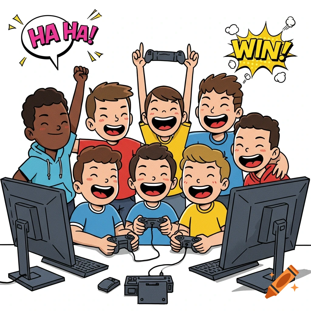 Animated boys laughing and cheering at a video game party with speech bubbles 'HA HA!' and 'WIN!'
