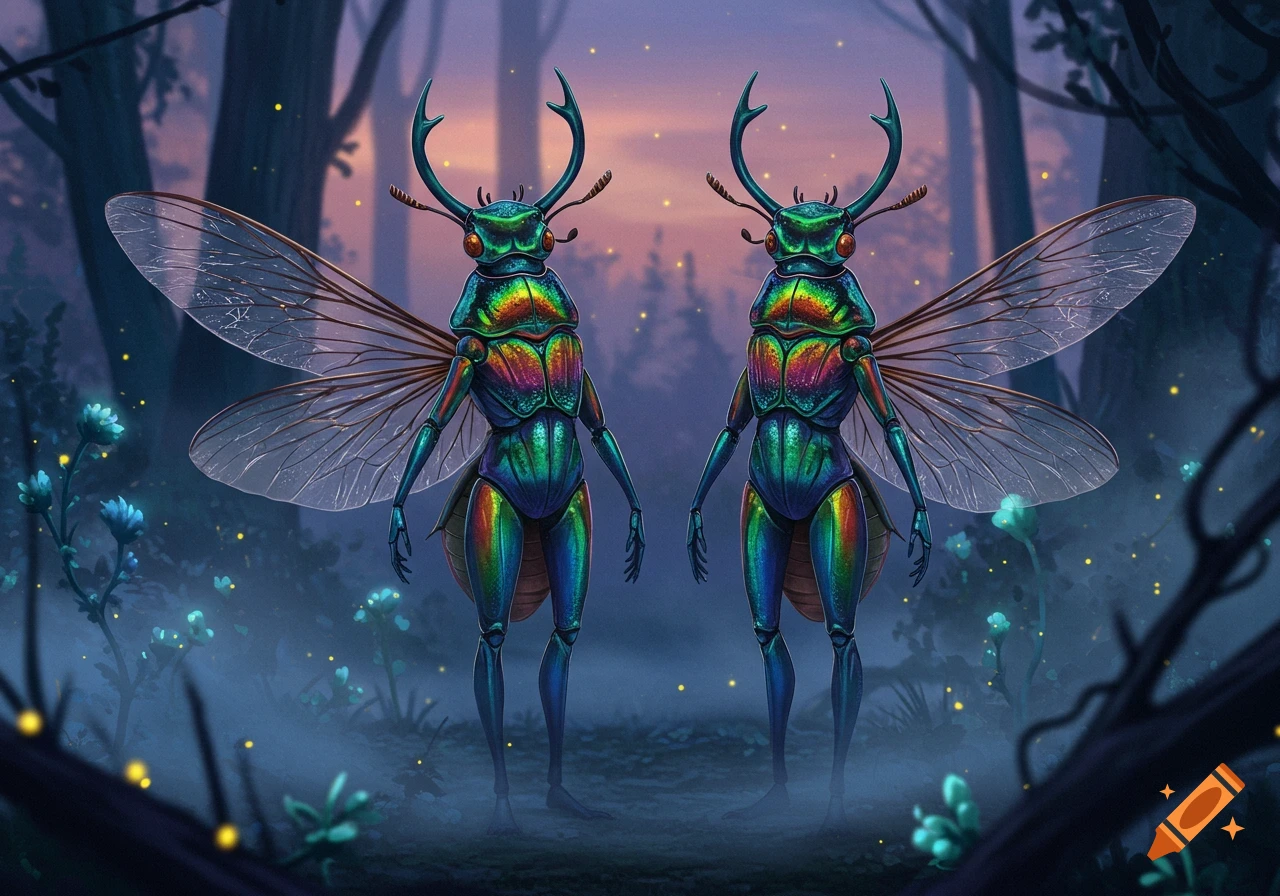 Two iridescent human-beetle creatures with wings and horns stand in a foggy, mystical forest with glowing plants.
