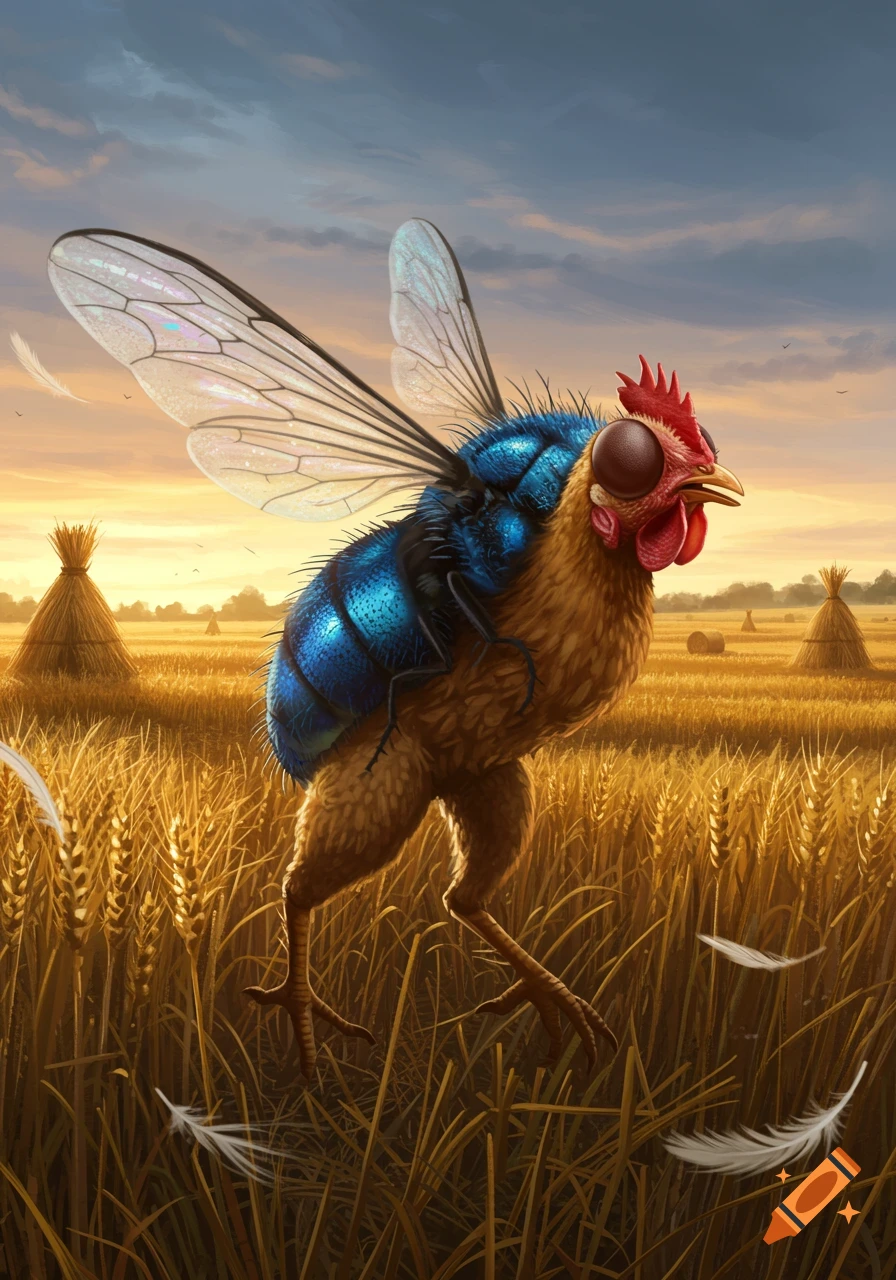 An illustrated hybrid creature with a chicken body and a large blue insect thorax, head, and translucent wings, stands in a golden wheat field under a sunset sky.