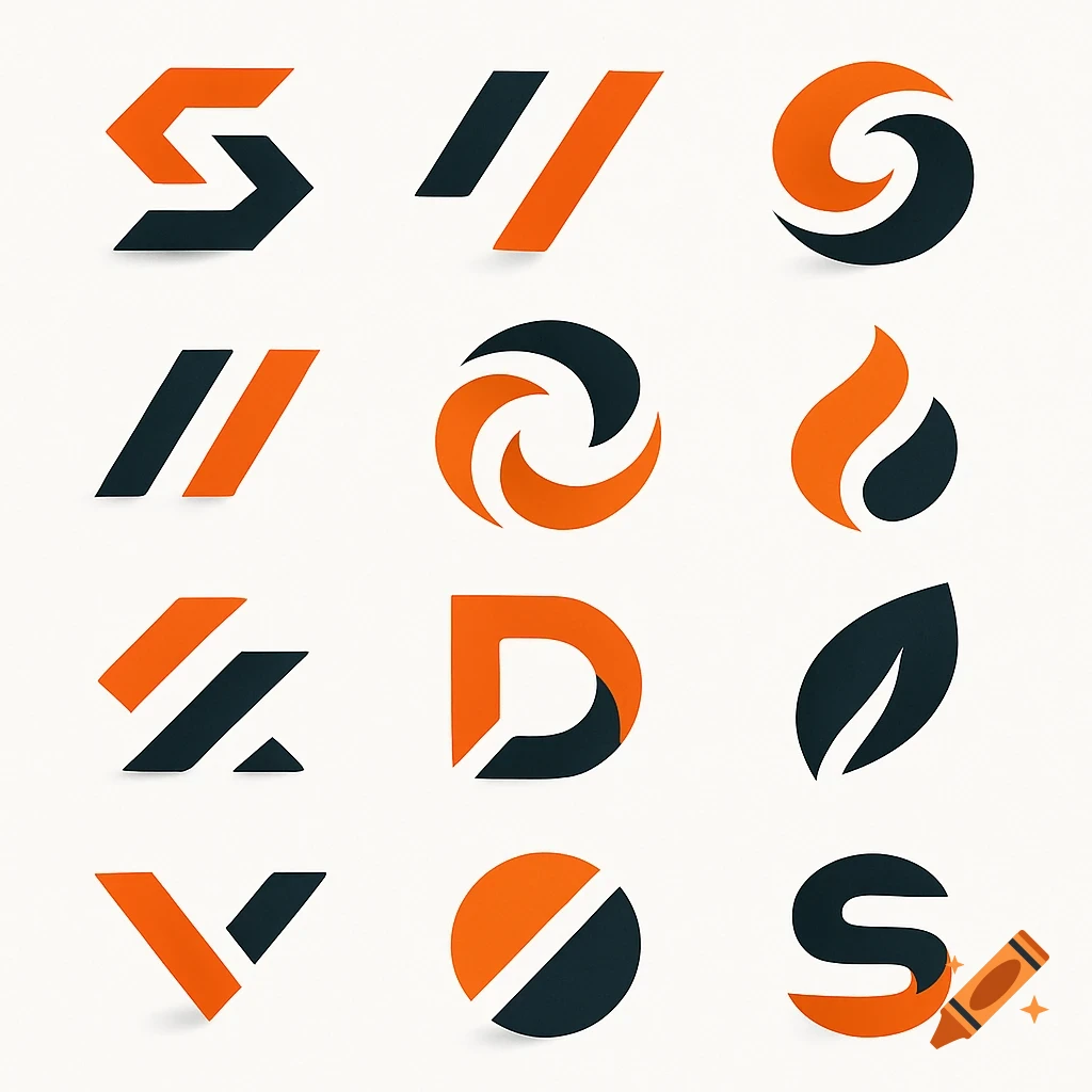 A grid of twelve abstract logos in orange and dark grey, featuring geometric shapes and stylized letters on a light background.