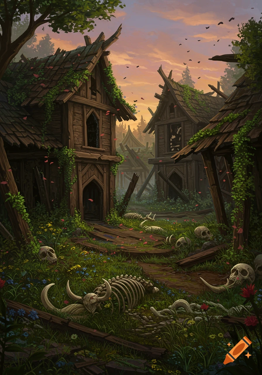 Digital fantasy painting of an overgrown, ruined village with wooden houses, skeletal remains, and skulls under an orange sky.