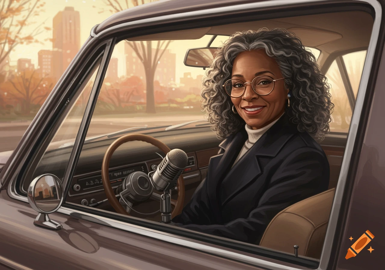 A smiling mature African American woman with glasses and curly gray hair sits in a brown car with a podcast microphone, a city visible outside.