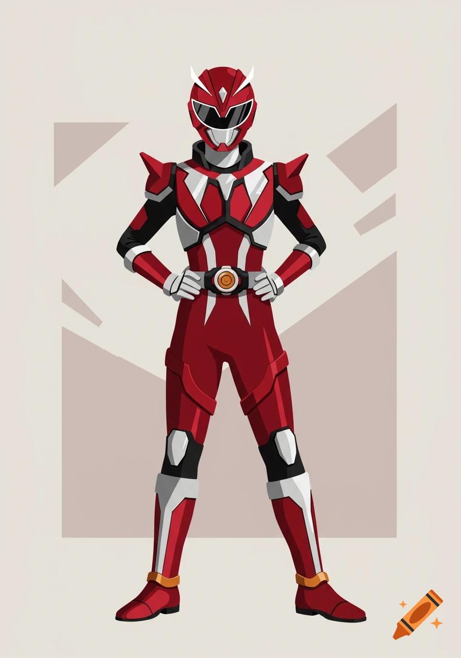 A stylized illustration of a female superhero in a red and white armored suit, standing with hands on hips.
