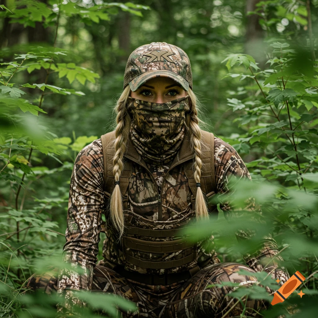 A woman with blonde braids wearing camouflage gear and a face covering crouches in a dense forest.