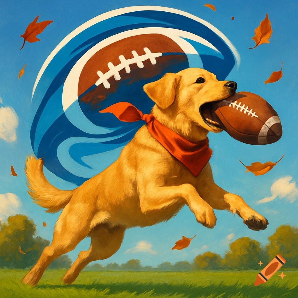 Golden retriever dog leaps, holding a football in its mouth, in a grassy field with falling autumn leaves. Blue sky background. Digital art.