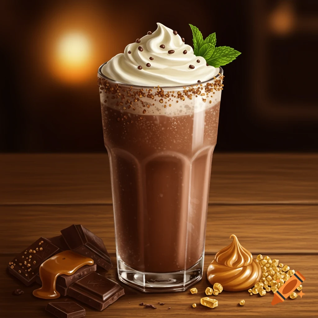 Photorealistic chocolate milkshake with whipped cream, chocolate shavings, and mint, surrounded by chocolate bars and caramel on a wooden table.