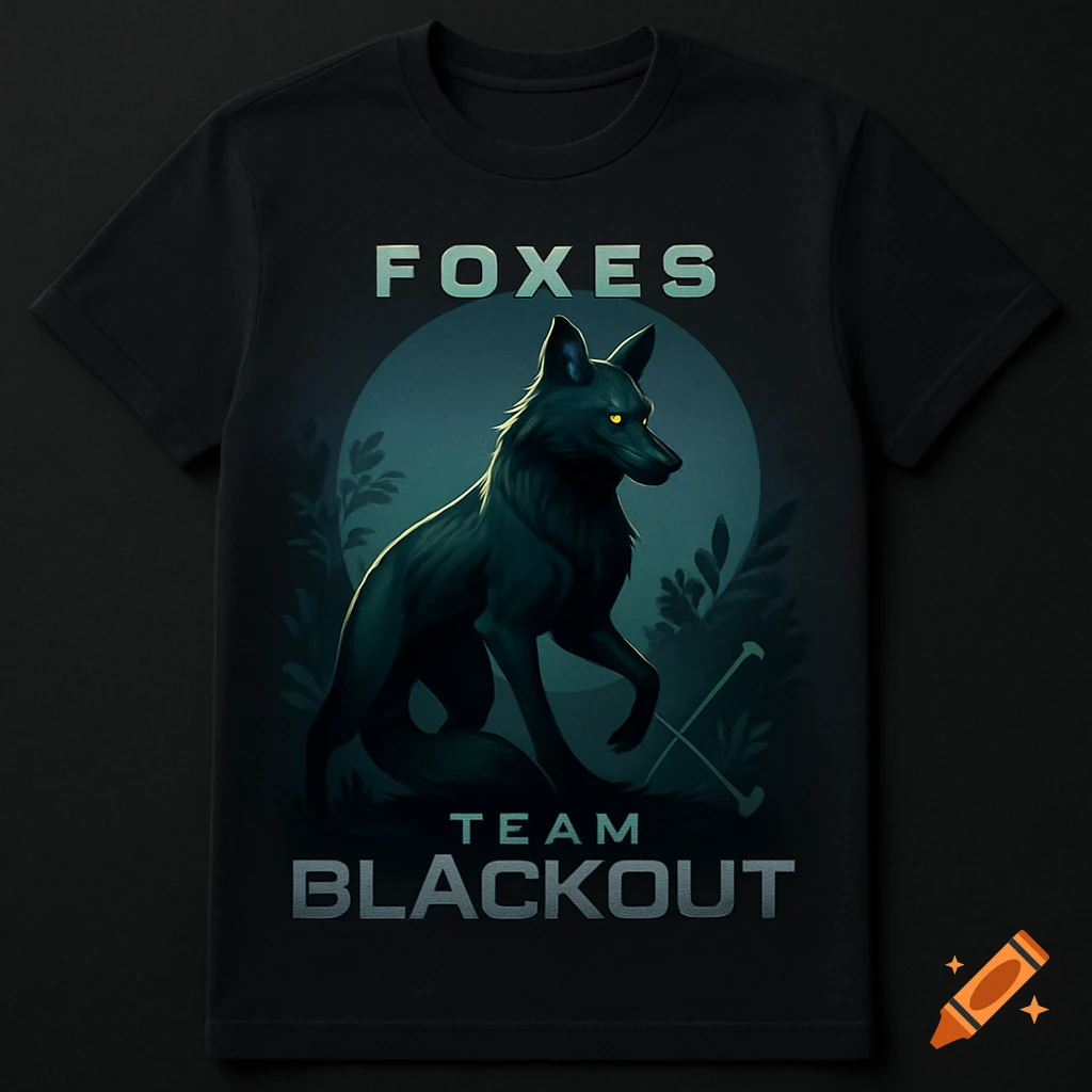 Black t-shirt with a stylized glowing-eyed black fox in a moonlit forest, text 'FOXES TEAM BLACKOUT'.