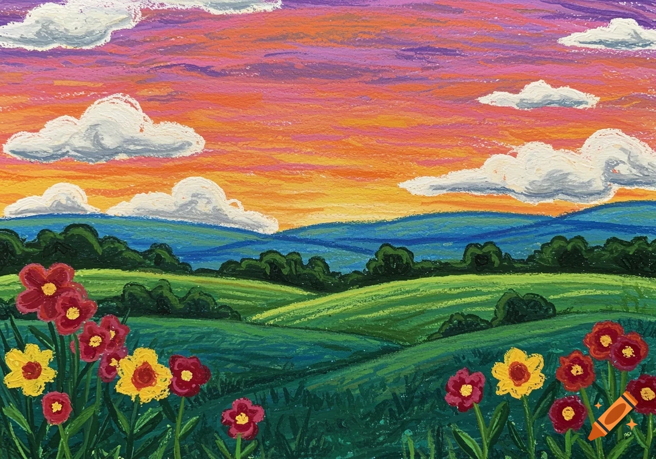 A colorful crayon drawing of a sunset over rolling green hills with red and yellow flowers in the foreground.