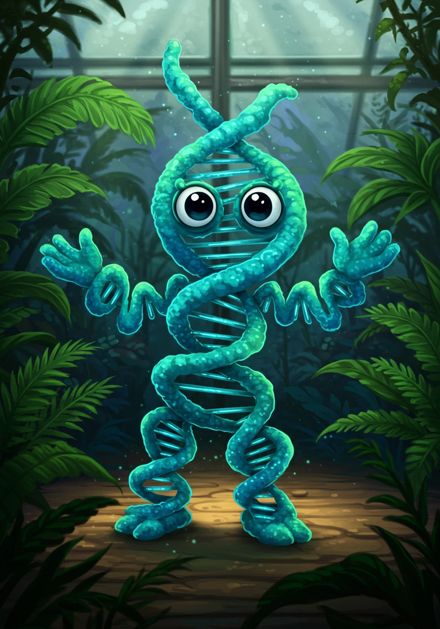 A cute, cartoon DNA strand mascot with big eyes and hands stands in a lush green greenhouse.