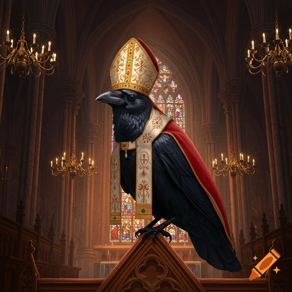 A majestic black crow wearing a golden mitre and red papal vestments sits in a gothic cathedral with stained glass.