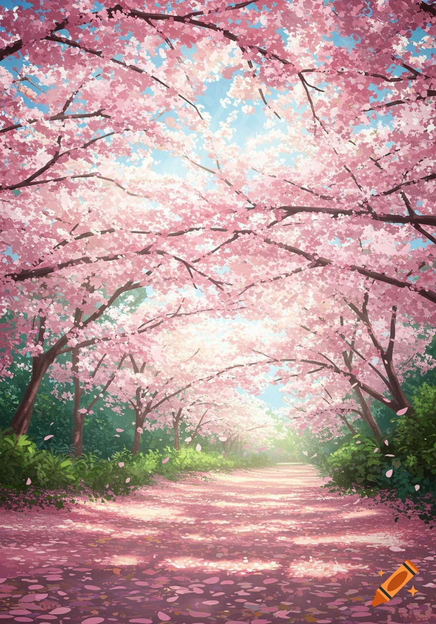A vibrant pathway under a canopy of pink cherry blossom trees, with petals scattered on the ground and bright sunlight shining through.