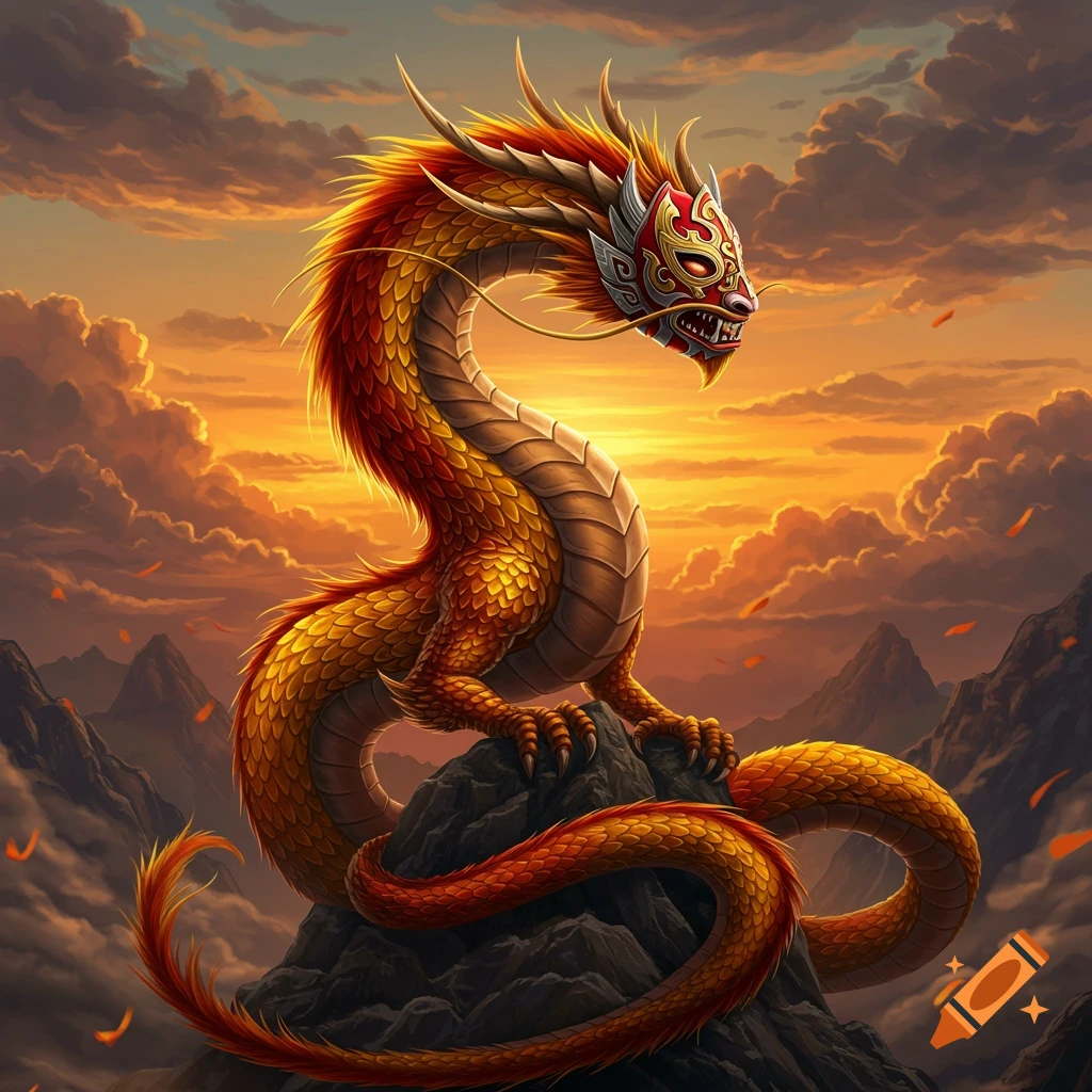 A vibrant gold and red dragon wearing a red and gold wrestling mask perches on a rock against a fiery sunset sky with mountains.