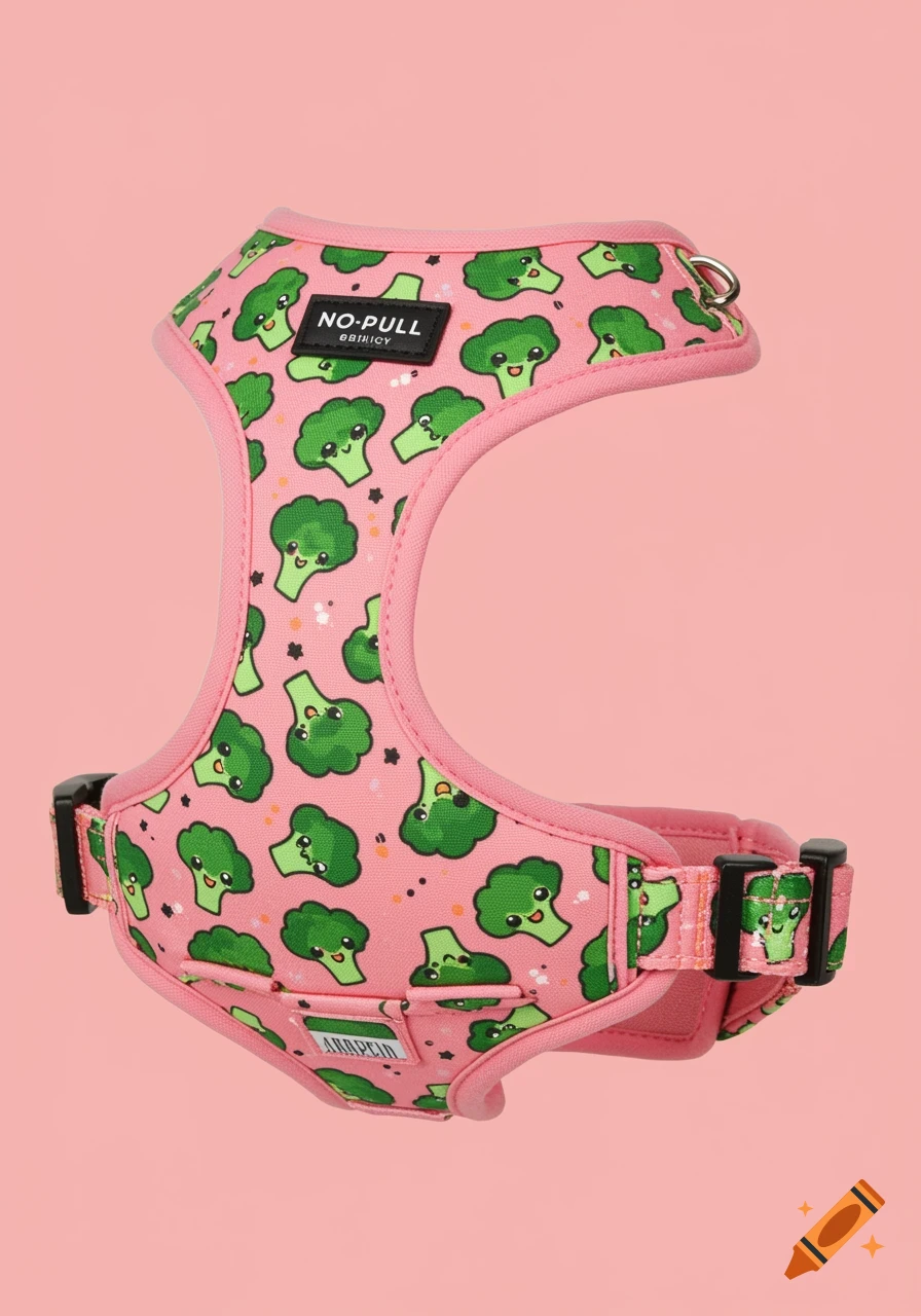 A pink dog harness with a playful pattern of green cartoon broccoli florets against a solid pink background.