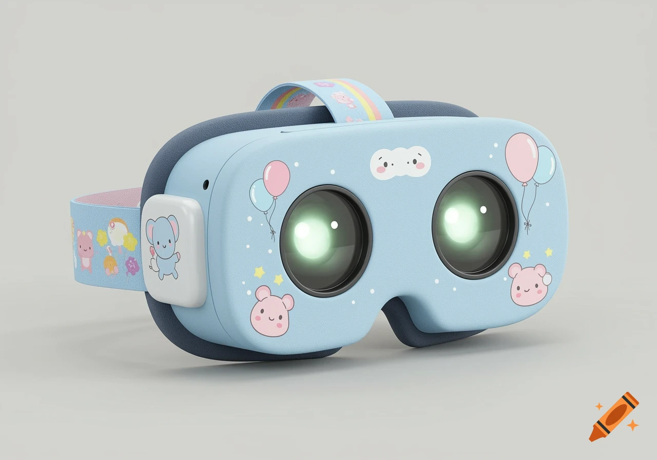 Cute light blue VR goggles designed for toddlers, decorated with cartoon animals, balloons, and stars.