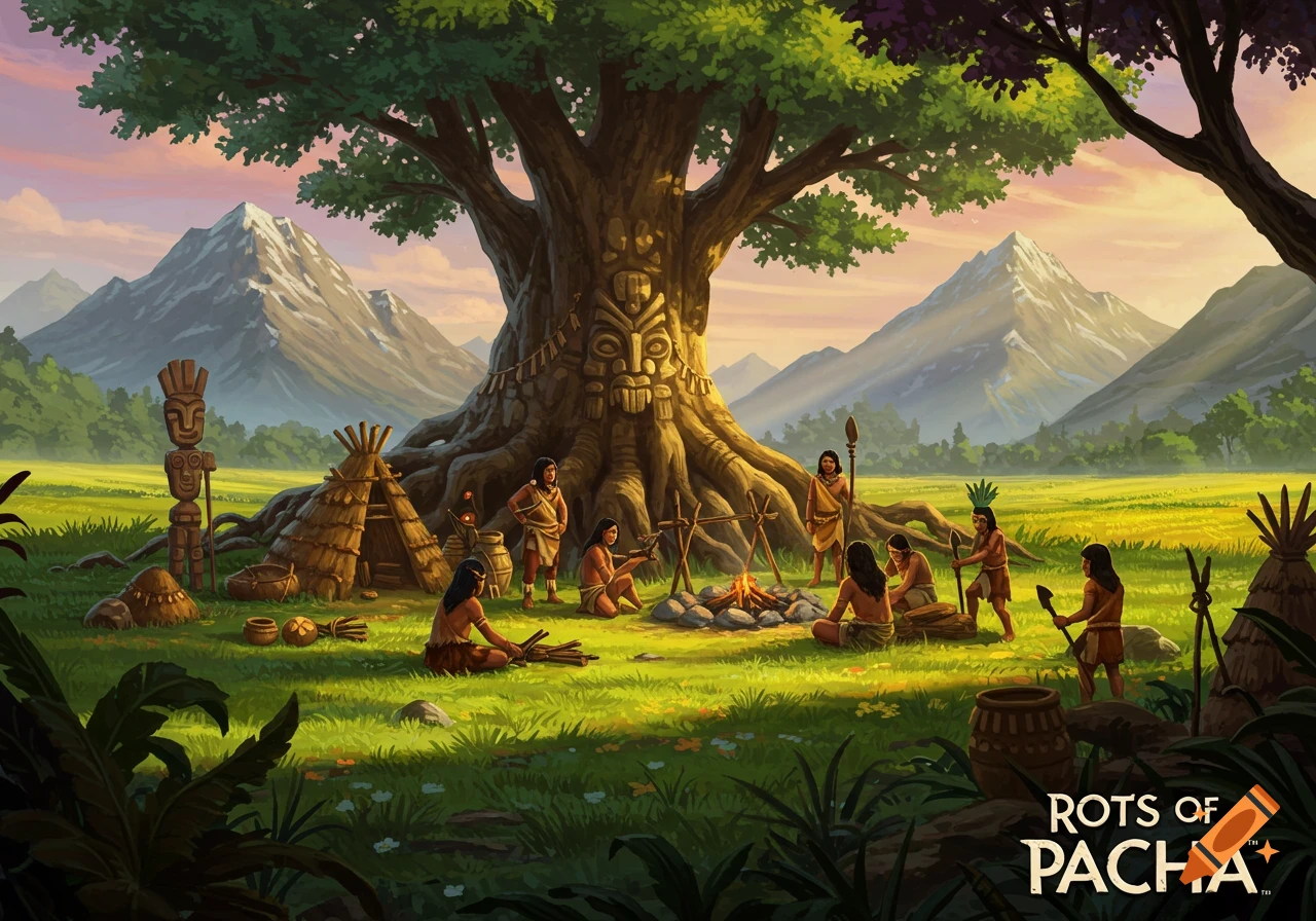 Colorful illustration of people in traditional attire gathered around a carved tree, with tents and mountains in background.