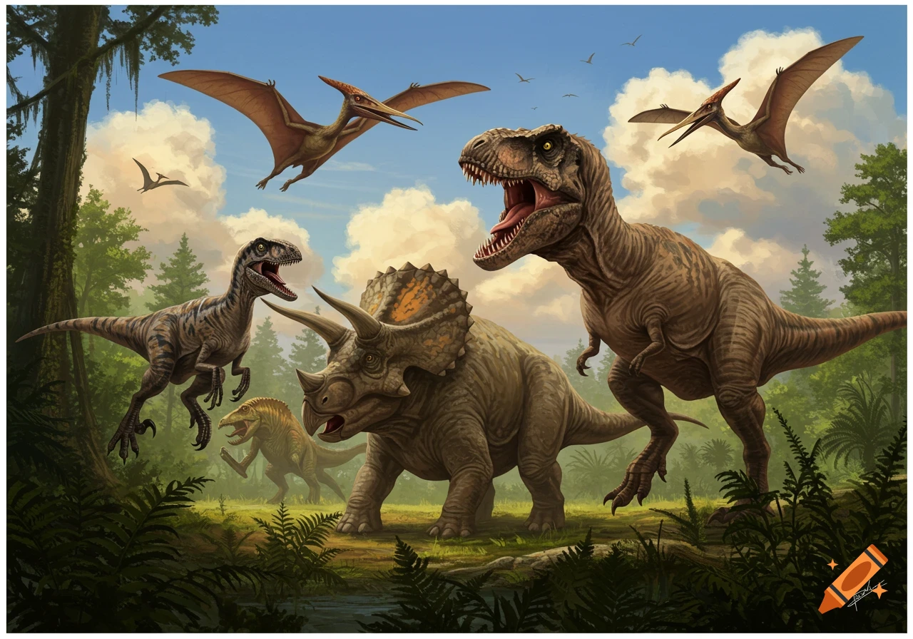 A vibrant illustration of various dinosaurs including a T-Rex, Triceratops, raptors, and pterodactyls in a lush prehistoric jungle.