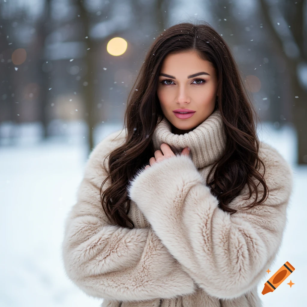 Photorealistic portrait of a woman with long brown hair wearing a cream fur coat and turtleneck sweater in a snowy park.