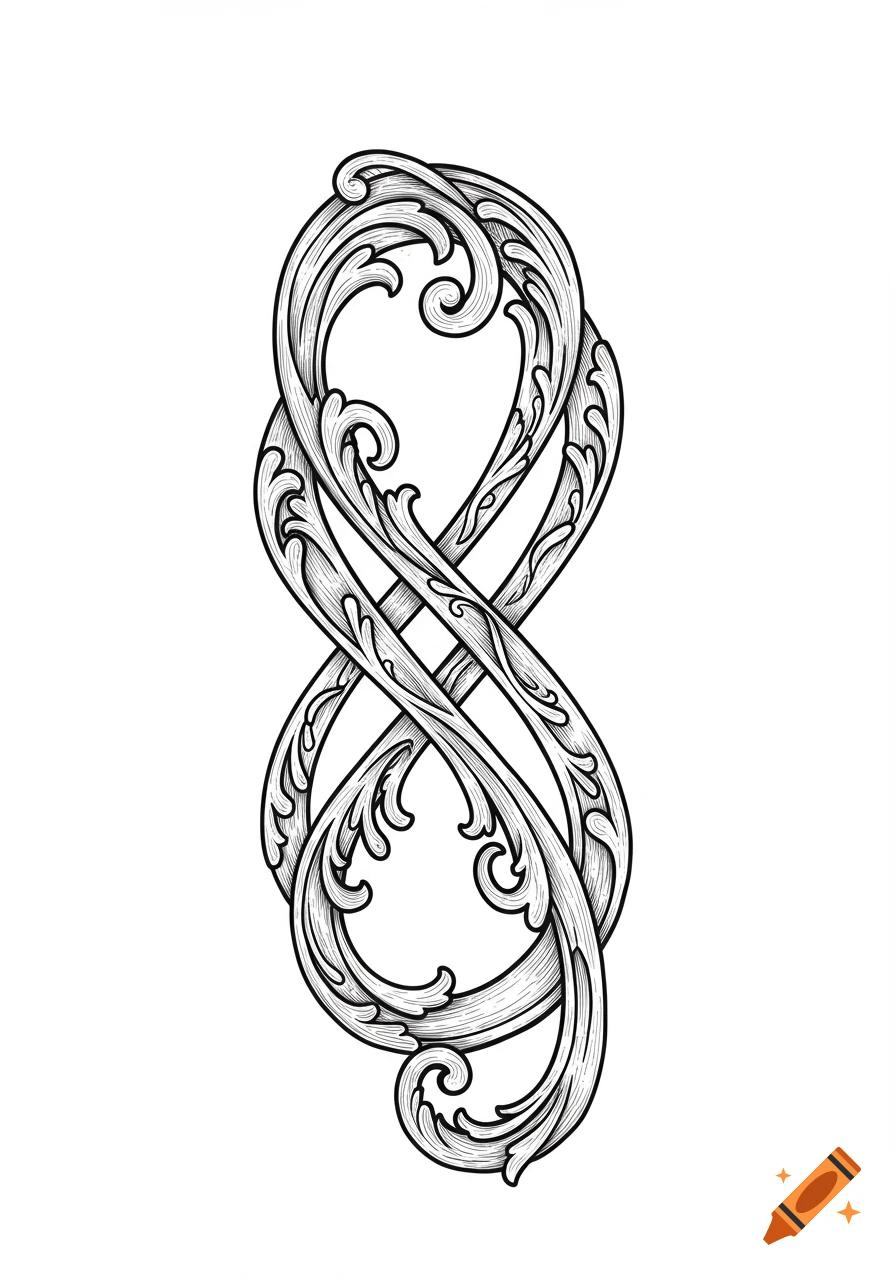 Black and white line drawing of an ornate infinity knot design with swirling scrollwork.