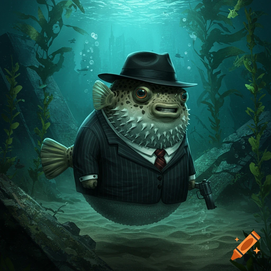A pufferfish wearing a pinstripe suit and fedora holds a gun underwater in a kelp forest.