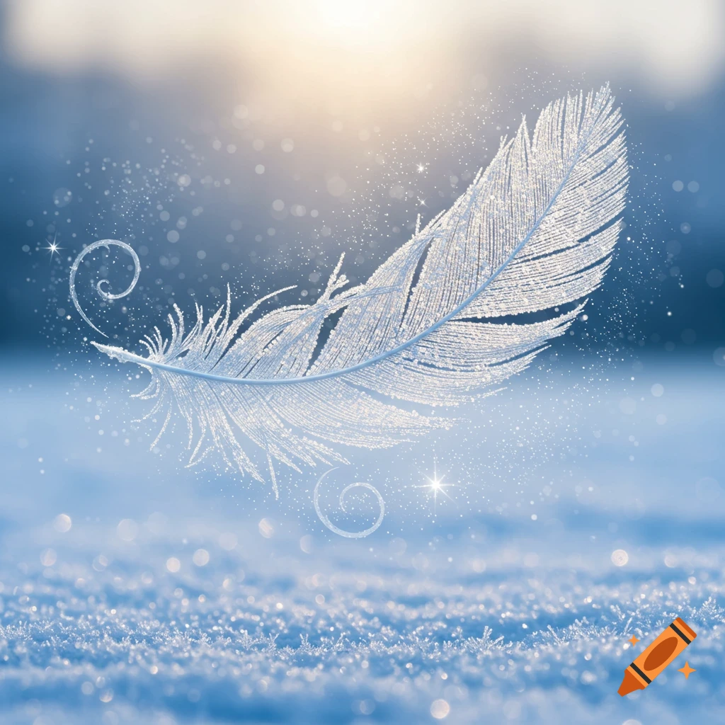 A luminous white feather covered in frost floats above a sparkling blue snowy ground, with a warm light in the background.