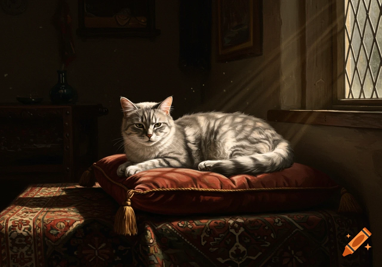 A grey tabby cat rests on a red pillow on an ornate rug, illuminated by window light, in the style of a Vermeer painting.