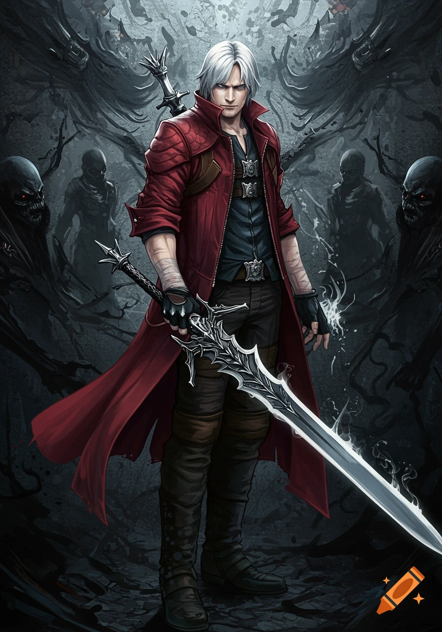 An illustration of Dante from Devil May Cry, with white hair and a red trench coat, holding a large sword, surrounded by shadowy demonic figures in a dark, stylized setting.