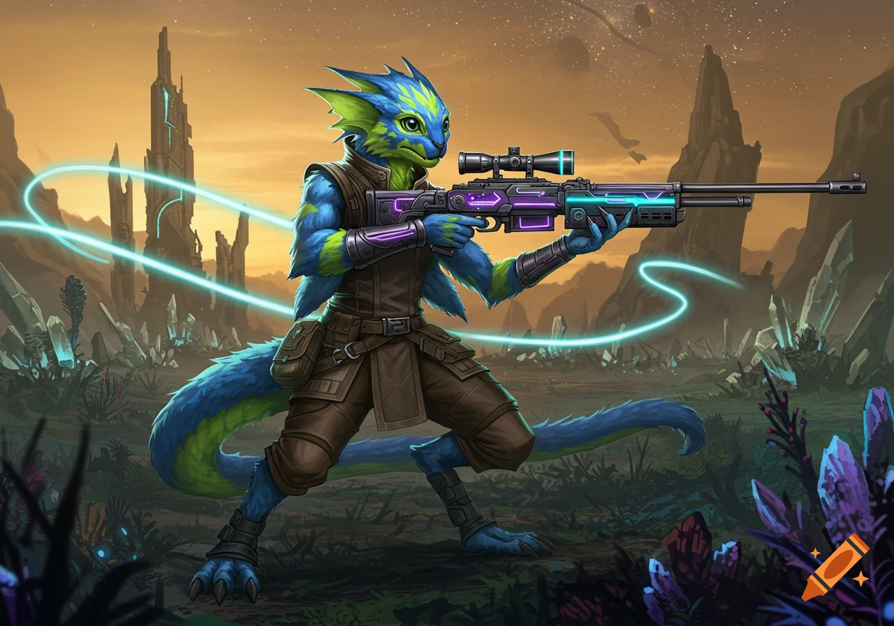 A vibrant blue and green reptilian creature in tactical gear holds a futuristic sniper rifle on an alien planet with glowing crystals and spires.