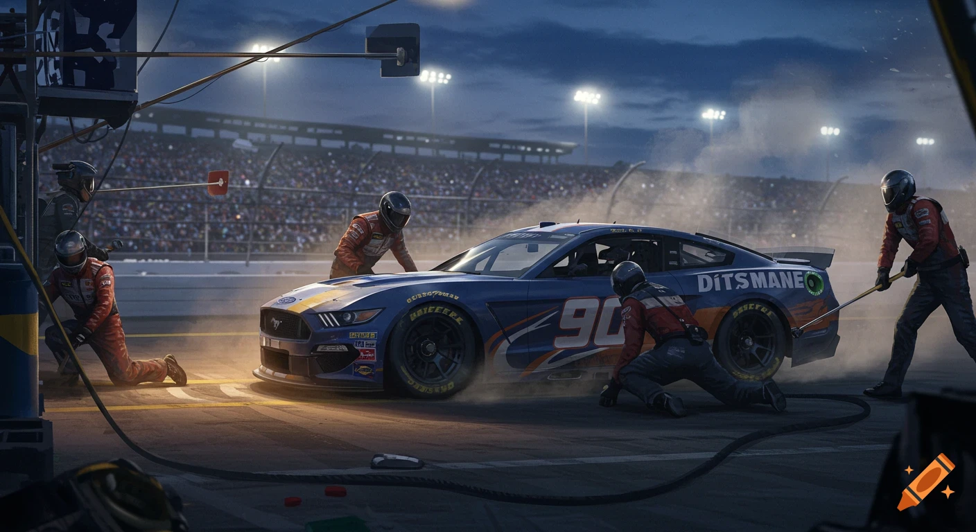 A blue race car with the number 90 on its side is at a pit stop during a race, surrounded by a pit crew under stadium lights.