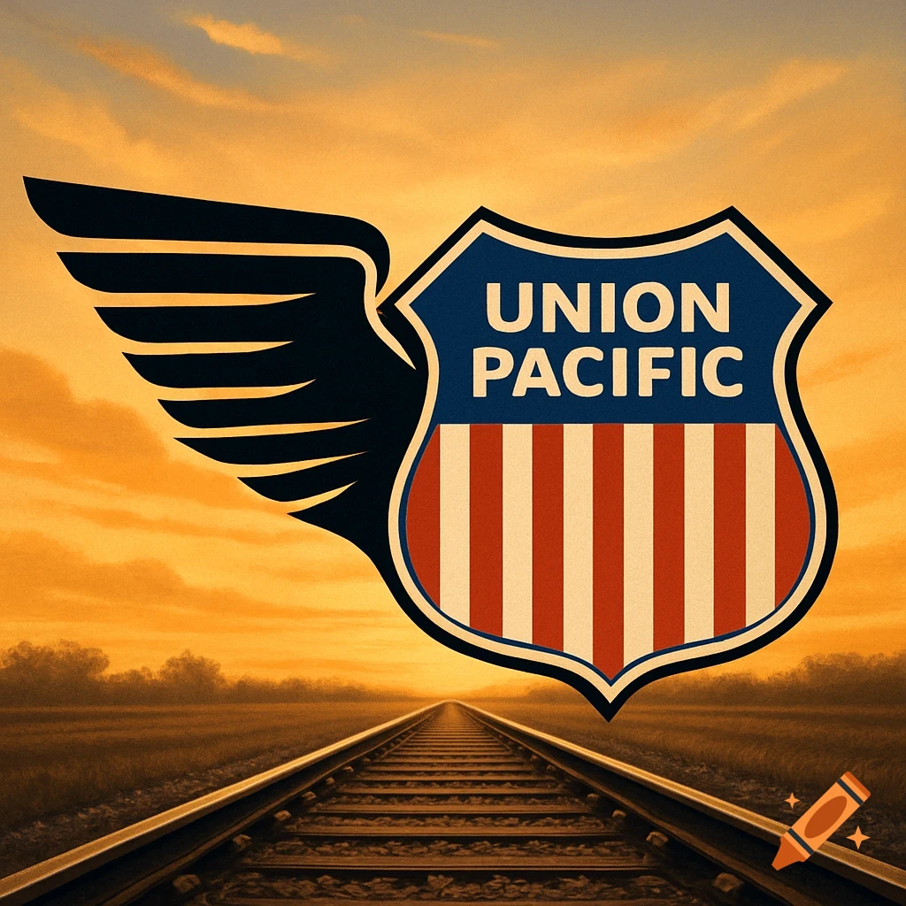 A Union Pacific railroad logo, featuring a shield with wings and the text 'UNION PACIFIC', floats above railroad tracks stretching into a sunset horizon.