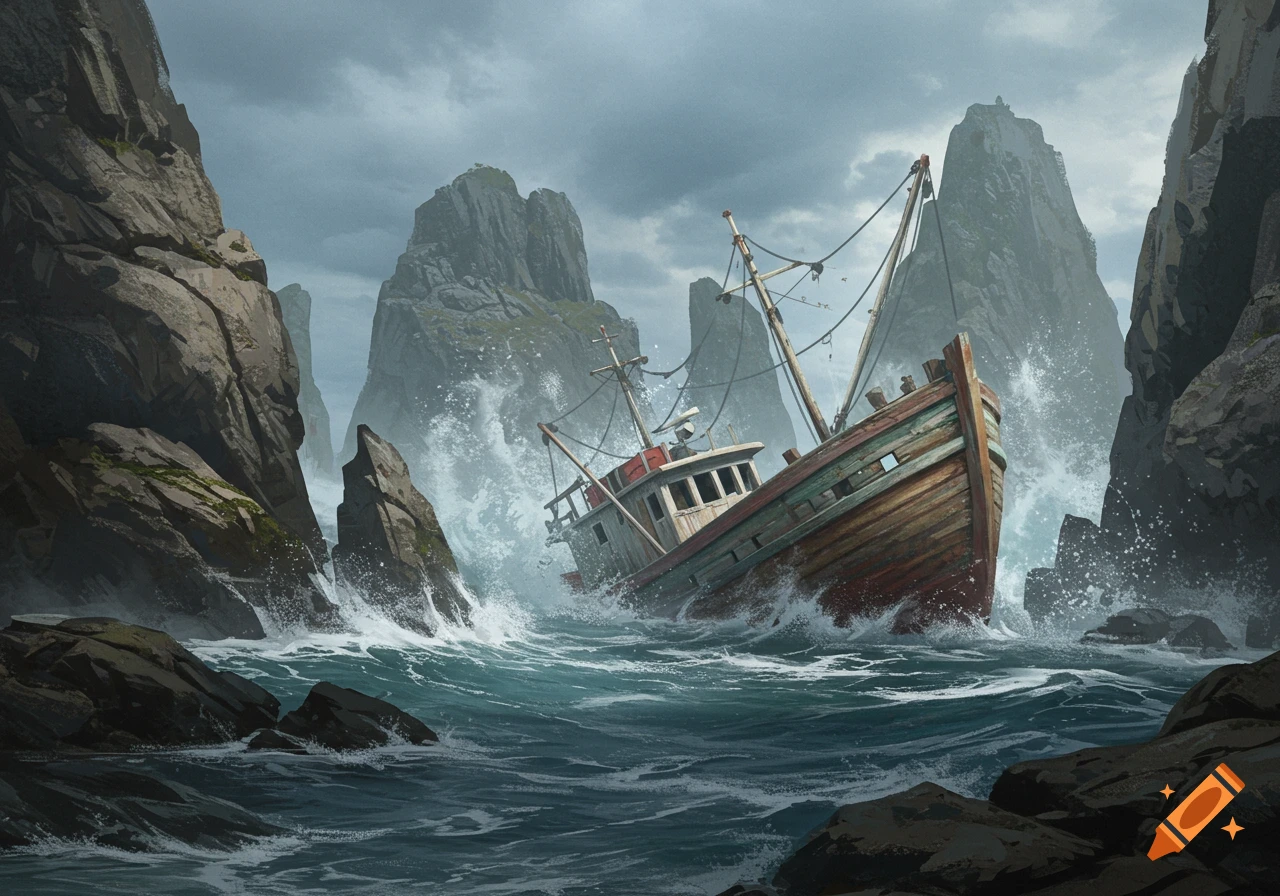 A wooden fishing boat is tossed by crashing waves between towering rocky cliffs under a stormy sky.