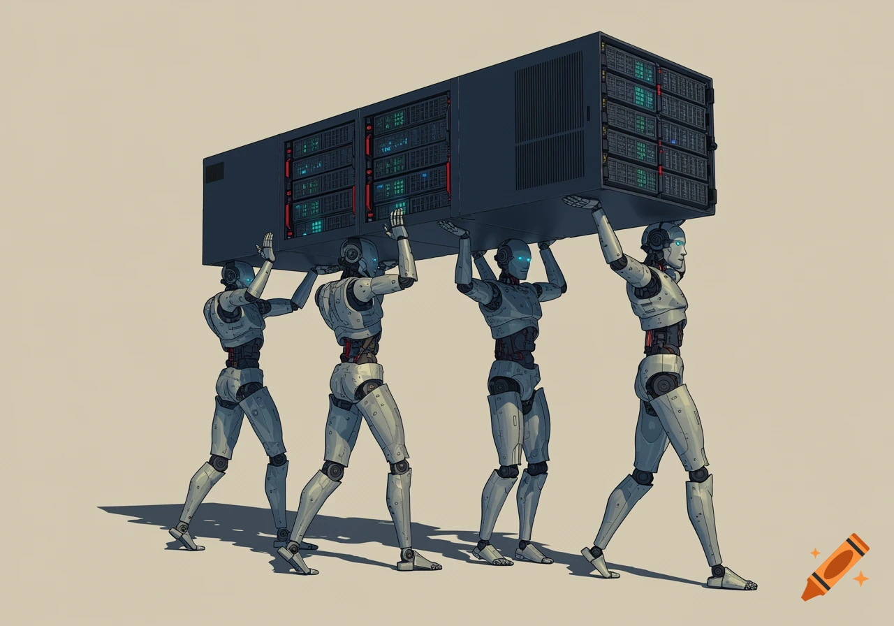 Four humanoid robots, in a clipart style, carry a large server on their shoulders across a plain background.
