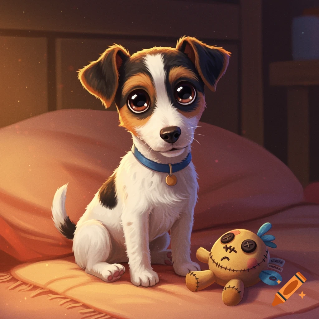 A cute cartoon Jack Russell Terrier puppy with tricolor fur sits on a cozy blanket next to a sad-looking voodoo doll plush toy.