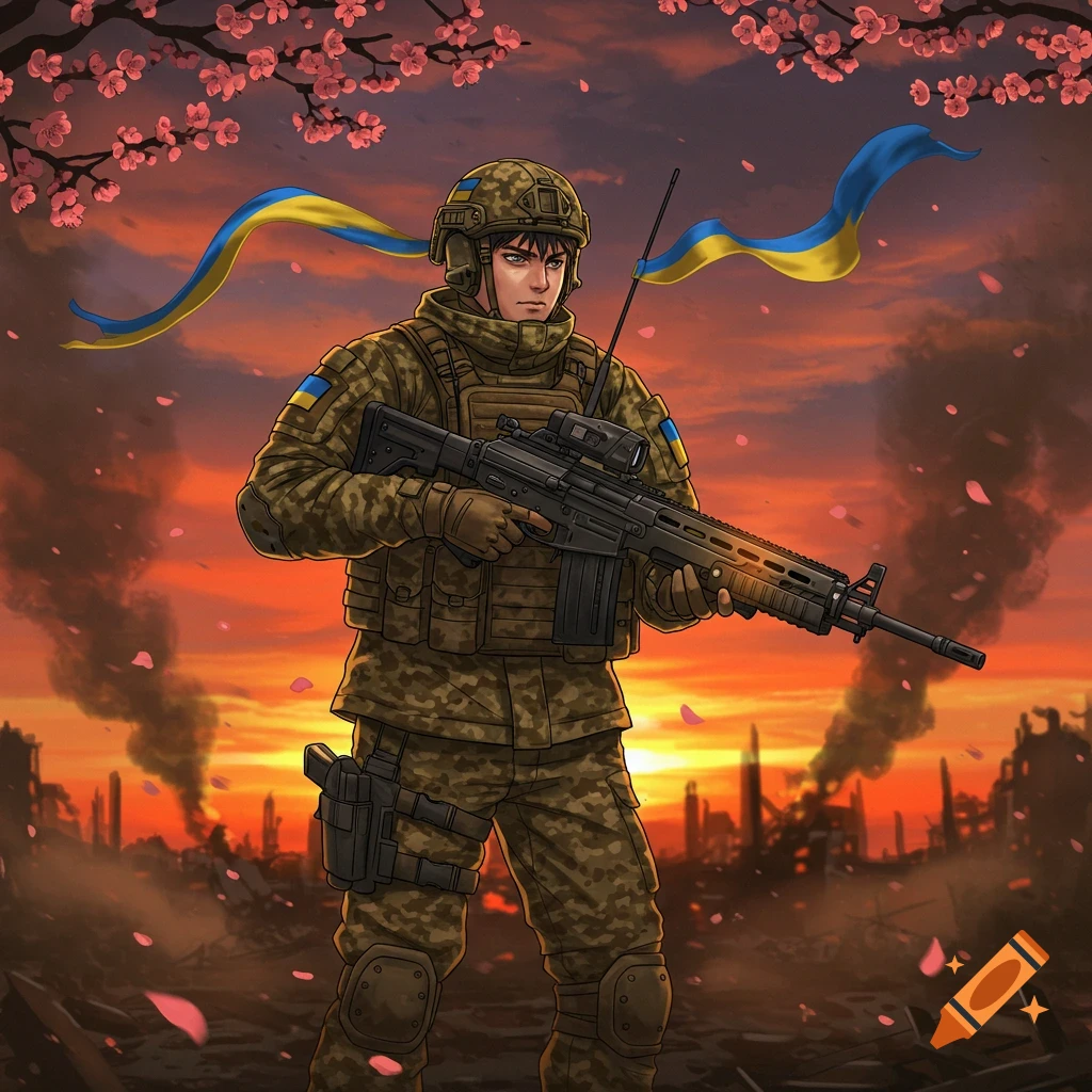 An anime Ukrainian soldier stands holding a rifle amidst a war-torn city at sunset, with Ukrainian flag ribbons and falling cherry blossoms.