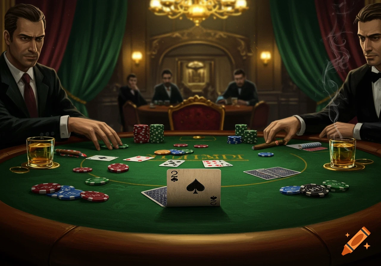 A stylized illustration of a poker game, with two men in suits at the foreground of a green table with cards, chips, and drinks. Other players are blurred in the background.
