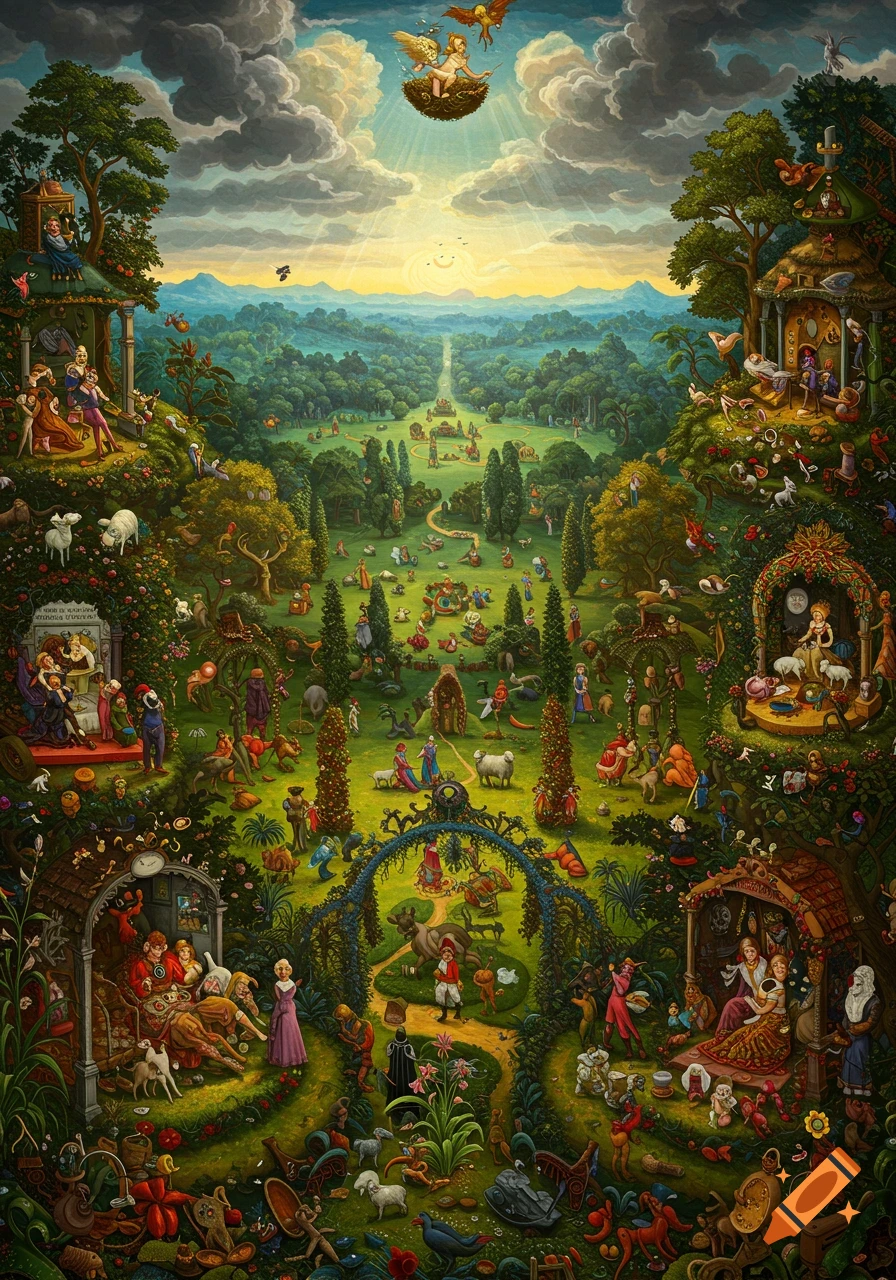 A detailed, fantastical painting with a vibrant green landscape filled with hundreds of small figures engaged in various activities, surrounded by trees and architectural elements, under a cloudy sky with light rays from above.