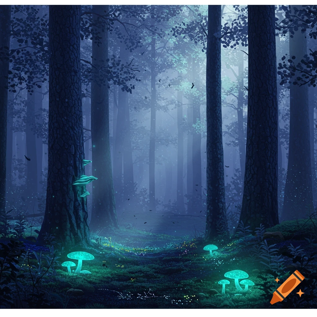 A mystical forest at night with tall trees and glowing turquoise mushrooms, bathed in an ethereal blue light.