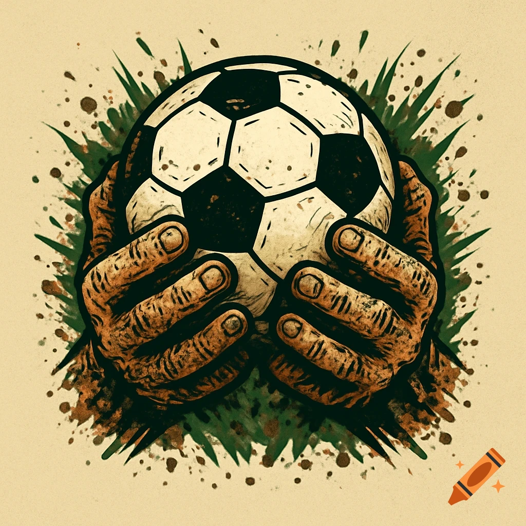 Two stylized, dirty hands holding a soccer ball with green and brown splatters in an illustrative logo style.