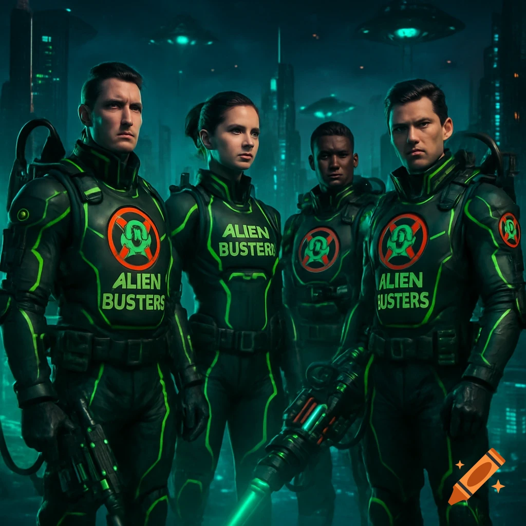 Four individuals in black and neon green futuristic armor, like 'Alien Busters', stand with weapons in a dark, high-tech city with flying saucers.