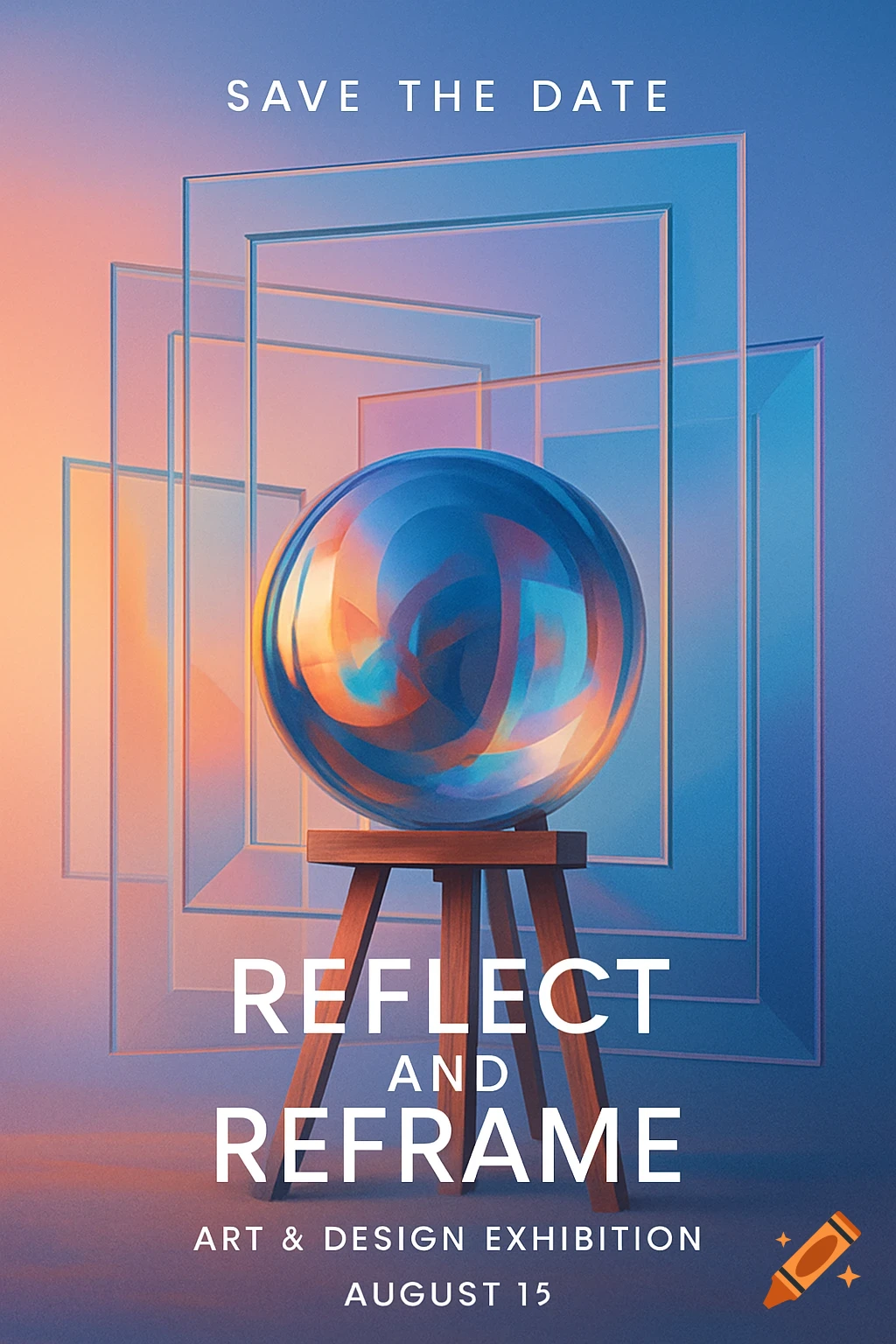 Poster for 'REFLECT AND REFRAME Art & Design Exhibition' with a reflective sphere, clear frames, and 'SAVE THE DATE AUGUST 15' text.