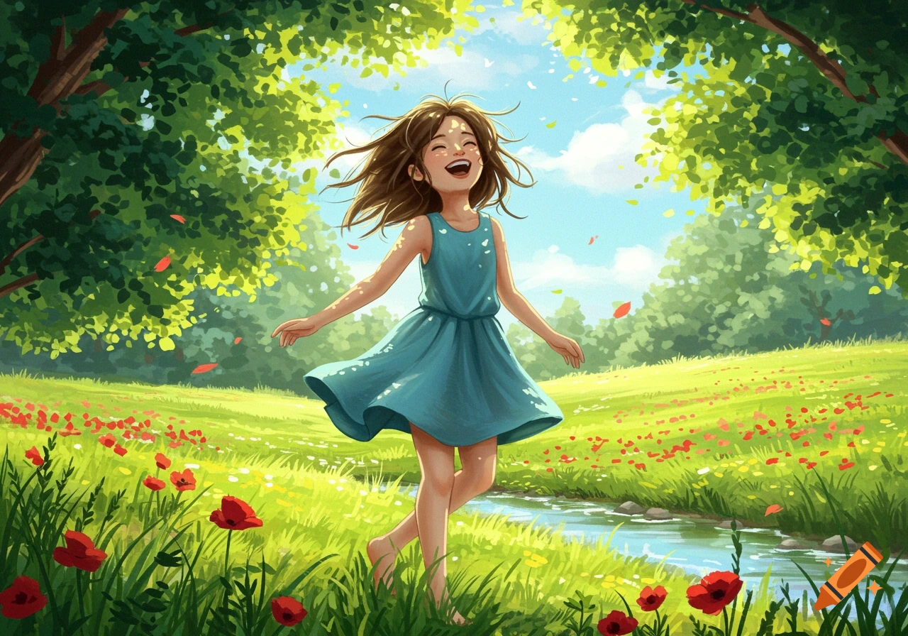 A joyful cartoon girl with flowing hair runs through a sunny green field with red flowers and a stream.